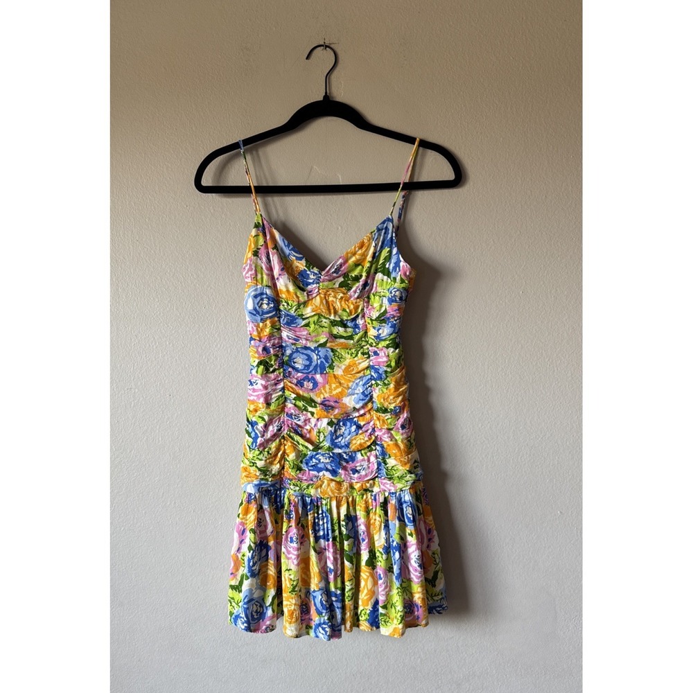 Zara Size XS Ruched Floral Mini Dress Colorful Ruffle Hem Romantic Coquette Sexy